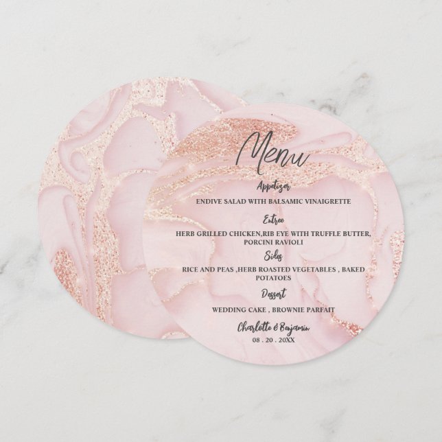 Menu Rosa Dourado Glitter Redondo Casamento (Frente/Verso)