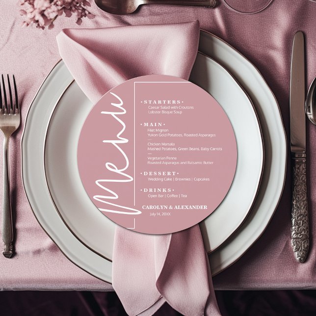 Menu Rosa Empoeirado Redondo Chic (Chic dusty rose pink round menu is ready to be personalized for your sit-down dinner occasion.)