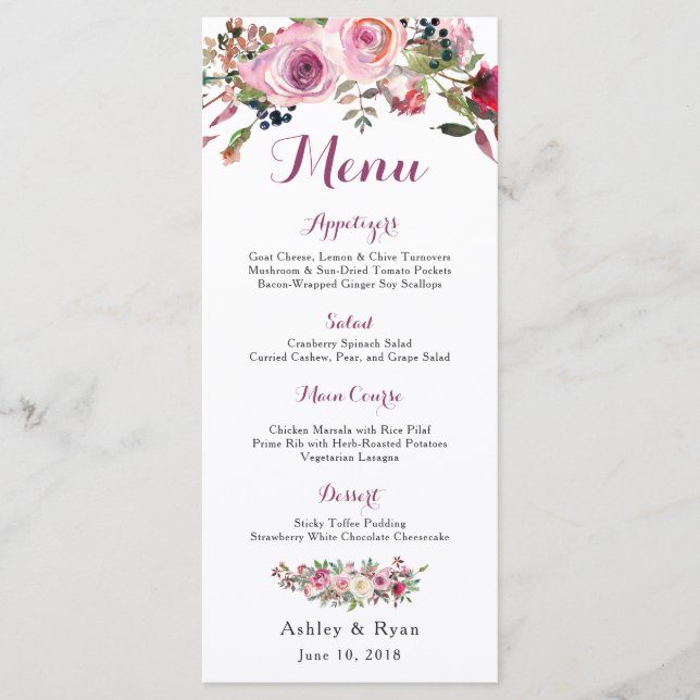 Menu Rosa Floral de Casamento Floral com  Rosa Púrpura (Frente)