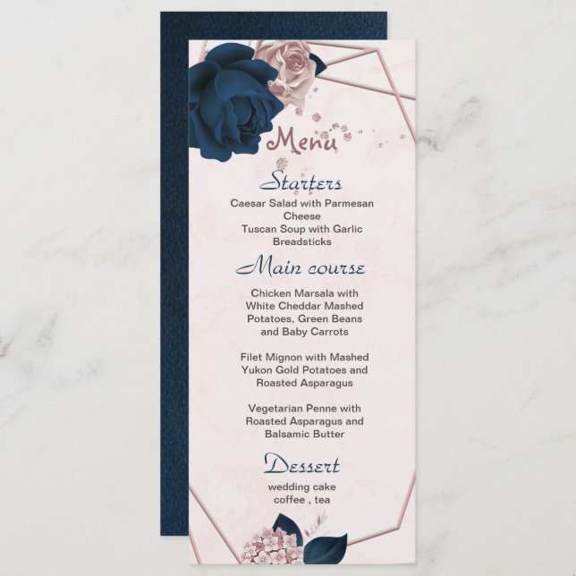 Menu rosa poeirento e flores marinhos casamento geométr (Frente/Verso)