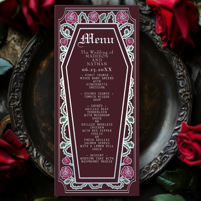 Menu Rosa Red Weding Silver Gothic Coffin (Criador carregado)