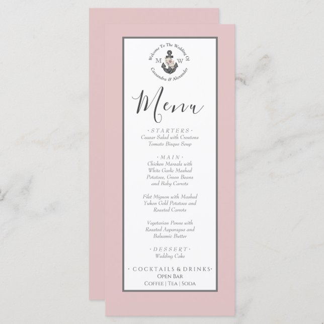 Menu Rosa Rosa Dusta, Ângulo Floral, Parecido Náut (Frente/Verso)