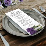Menu Rosa Roxo Elegante Reflexação Casamento<br><div class="desc">Este belo menu irá adicionar algum estilo à sua recepção de casamento. Apresenta uma bela e romântica design com um solteiro de cor roxa, ametista, ao lado, refletindo numa piscina de água com ondas e ondulações. Há espaço para os nomes do casal e da data do casamento, e o texto...</div>