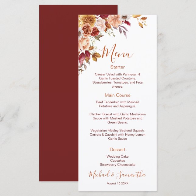 Menu Rosa Rústica e Crisântemo Casamento de Outono (Frente/Verso)