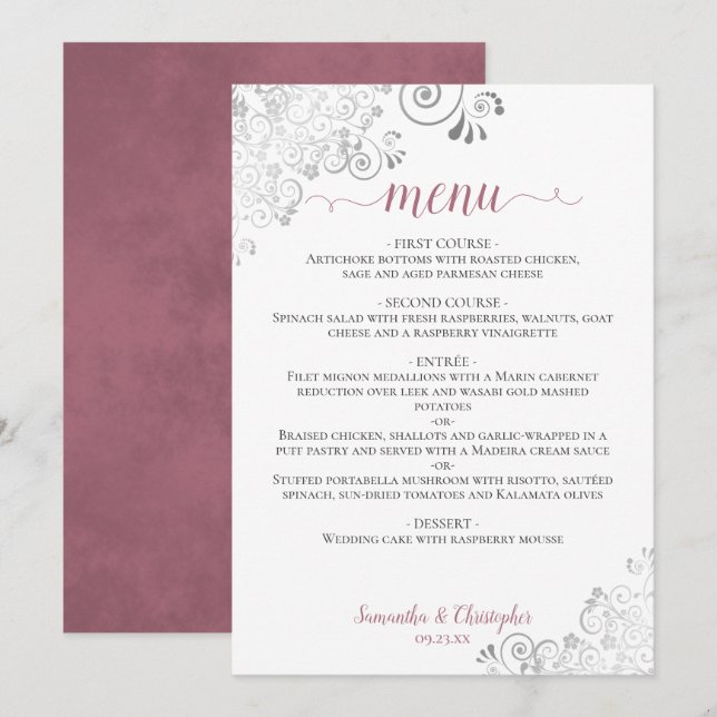 Menu Rosa sobre Casamento Branco de Lace Dusty Silver E (Frente/Verso)