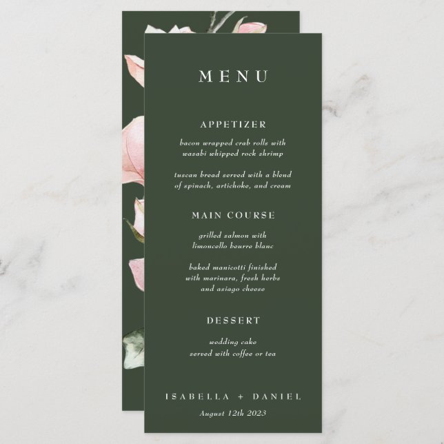 Menu Rosa Verde Elegante Casamento Magnolia (Frente/Verso)