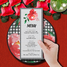 Menu Rosa vermelha em Black and White Gingham Check Der