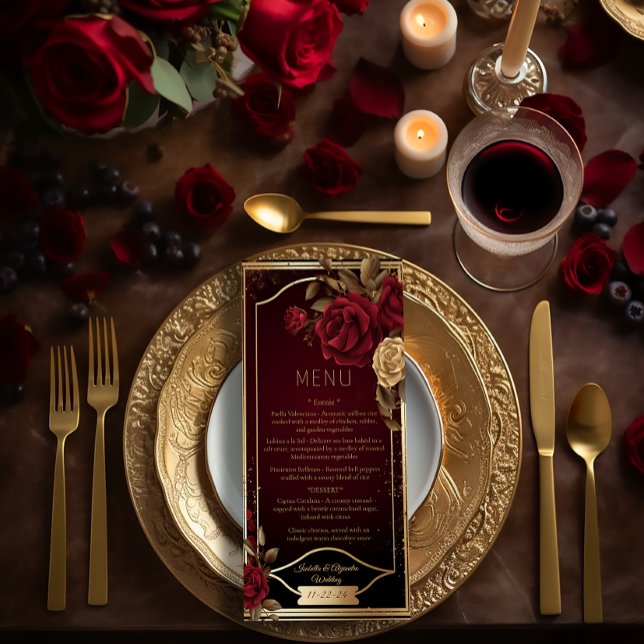 Menu Rosa vermelha Escuro Elegante e Casamento Dourado (Elegant Red Rose Burgundy and Gold Wedding Menu )