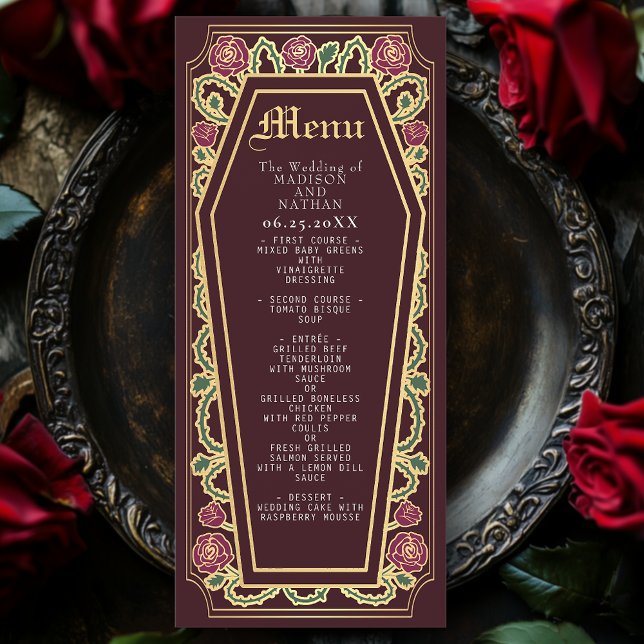 Menu Rosa Vermelho de Casamento Gótico Coffin (Criador carregado)