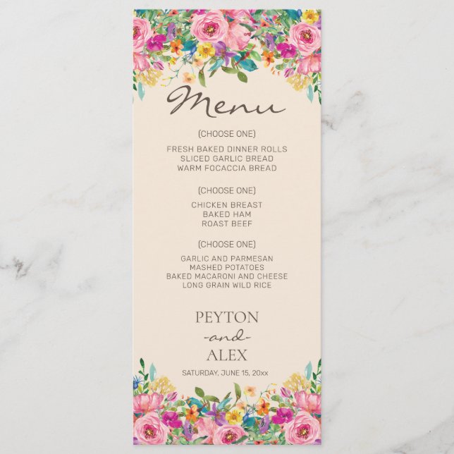 Menu Rosas Azuis Amarelos Florais Boho Aquarela (Frente)