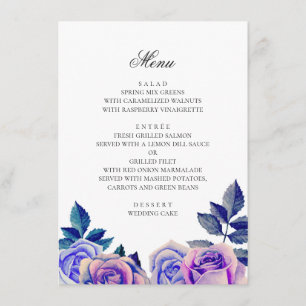 Menu Rosas azuis e roxas. Casamento floral de aquarela