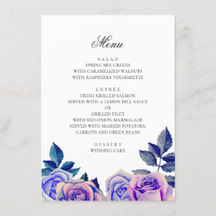 Menu Rosas azuis e roxas. Casamento floral de aquarela