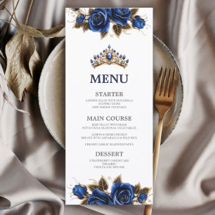 Menu Rosas Azul Marinho Tiara Dourada Quinceañera 