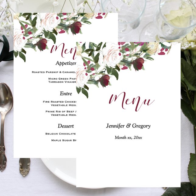 Menu Rosas Brancas em Aquarela com Casamento de Cranber (Watercolor White Roses with Cranberry Wedding Menu)
