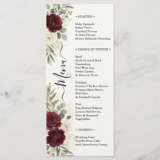 Menu Rosas Burgundy Casamento Jantar Script Elegante