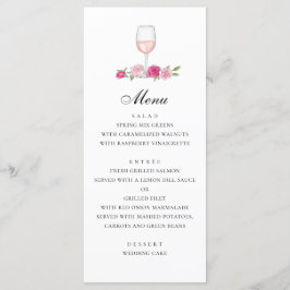 Menu Rosas. Casamento floral rosa elegante. Vidro de vi