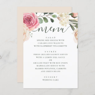 Menu Rosas cor-de-água rosa. Casamento floral elegante