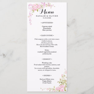 Menu Rosas Cor-de-rosa Românticas em Aquarela Casamento