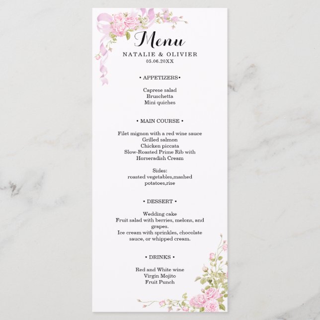 Menu Rosas Cor-de-rosa Românticas em Aquarela Casamento (Frente)