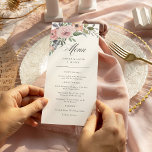 Menu Rosas de aquarela sutil | FLORES PARA CASAMENTOS<br><div class="desc">Estes bonitos cartões de cardápio de casamento de moda apresentam um buquê floral de cor d'água de rosas e flores poeirentos em tons de roxo,  rosa,  azul e verde,  com elegante texto moderno e caligrafia em fundo branco.</div>