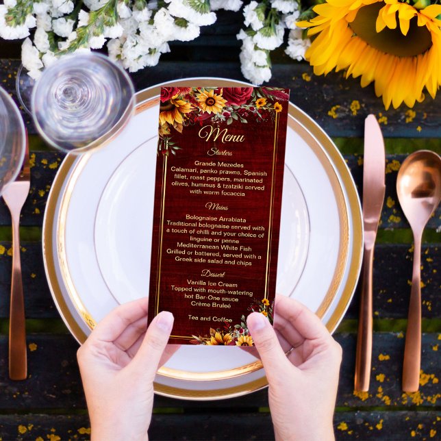 Menu rosas de aranha-casamento outono (Sunflower wedding theme menu cards Fall burgundy roses sunflowers printed menu personalized decor)