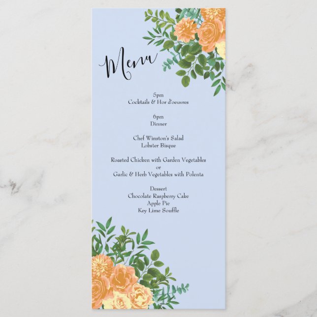 Menu Rosas de Casamento Azul Claro Pêssego Floral (Frente)