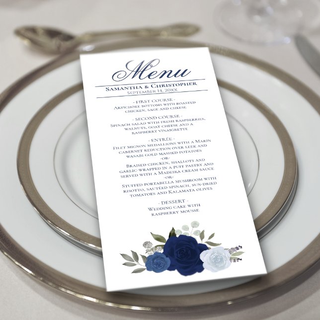 Menu Rosas de cor azul Elegante Boho Chic Weding (Criador carregado)