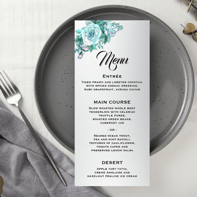 Menu Rosas Elegantes de Aqua no Casamento Prateado (Criador carregado)