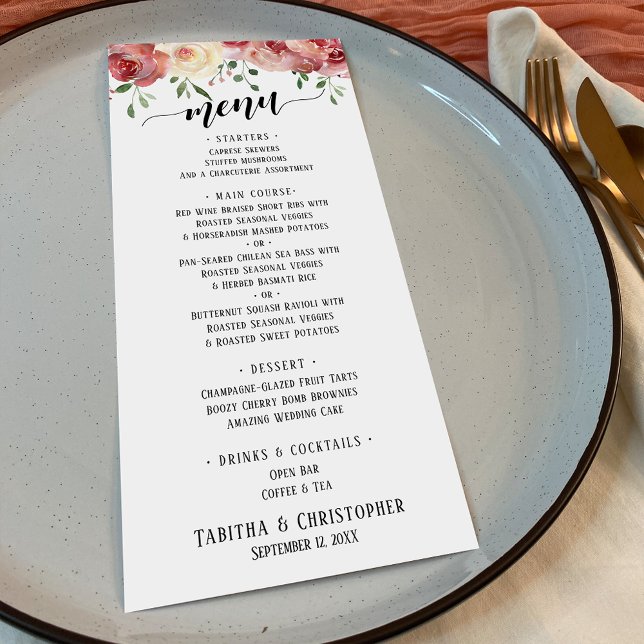 Menu Rosas Elegantes De Caligrafia, Borgonha E Pêssego (Criador carregado)