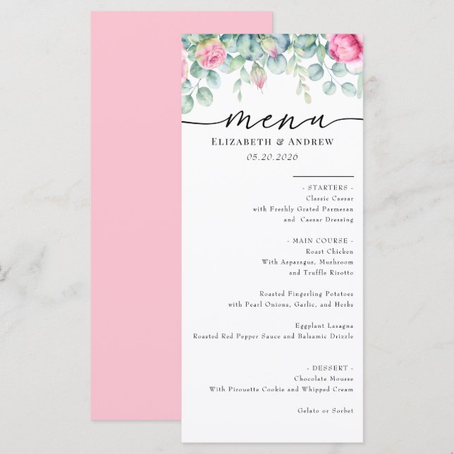 Menu Rosas Eucalyptus | Boho Greenery Casamento Elegant (Frente/Verso)