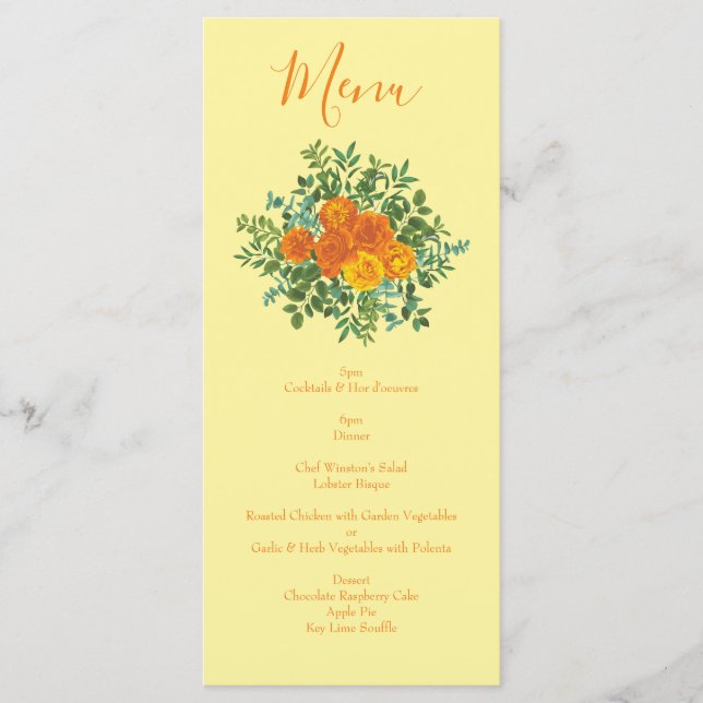 Menu Rosas Florais de Casamento Laranja Amarelo (Frente)