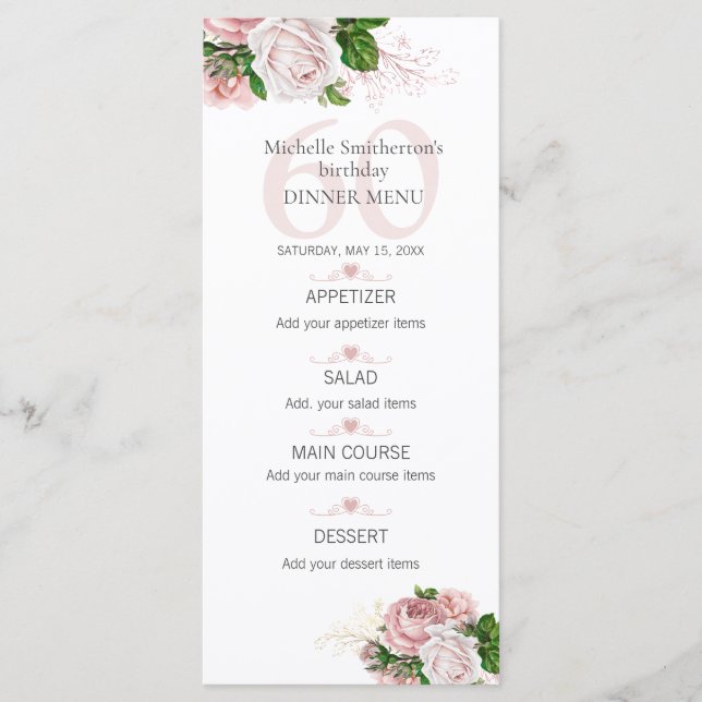 Menu Rosas Florais Rosa Bege Branco Aniversário de 60 a (Frente)