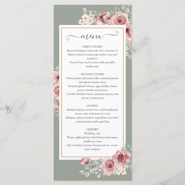 Menu Rosas Floral Sage Jantar de Casamento Verde (Frente)