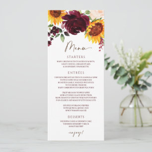 Menu Rosas Girassóis de Outono Burgundy Vermelho Cardáp