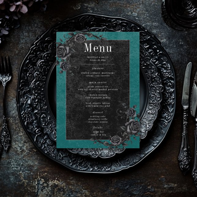 Menu Rosas Negras Gótica Casamento Teal (Criador carregado)