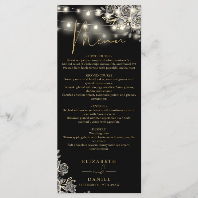 Menu Rosas Pretas e Douradas Luzes Jantar de Casamento  (Frente)