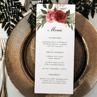 Menu Rosas Românticas em Aquarela Casamento Branco e Sa