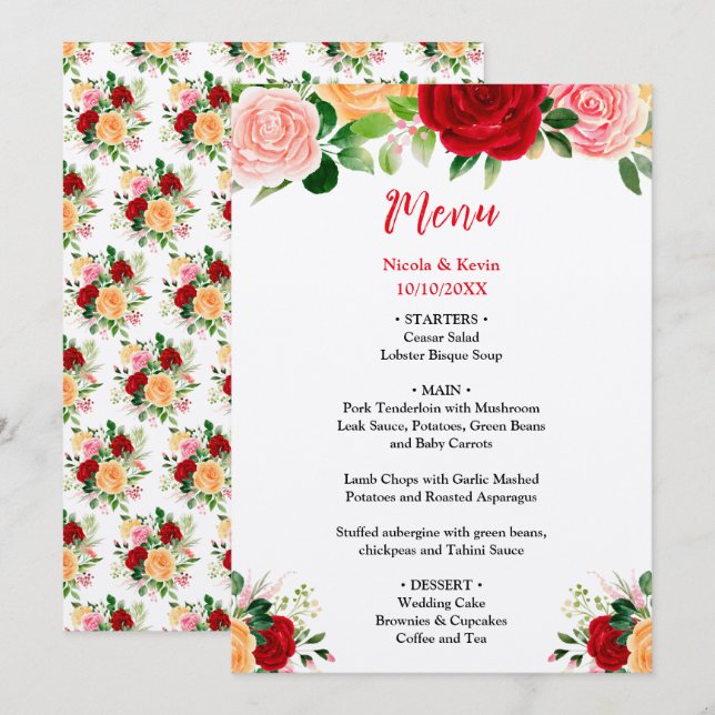 Menu Rosas Românticas FloraisRomânticas Vermelhas e Lar (Frente/Verso)
