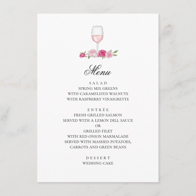 Menu Rosas rosa. Escamotear flores e vinho. Casamento d (Frente)