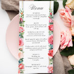 Menu Rosas Rosa Românticas e Caligrafia<br><div class="desc">Lindas colunas de elegantes rosas cor-de-água, pincéis, cor-de-rosa, e folhagem verde sobre um sutil fundo de aquarela pastel e etiqueta central com bordas douradas. Apresenta um gráfico de texto "Menu" na fonte de script personalizada (ou elimina e personaliza no editor de design) com campos de texto editáveis. Inclui blocos de...</div>