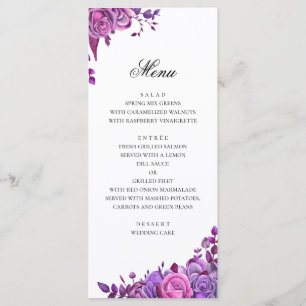 Menu Rosas rosados e roxos. Casamento floral de aquarel