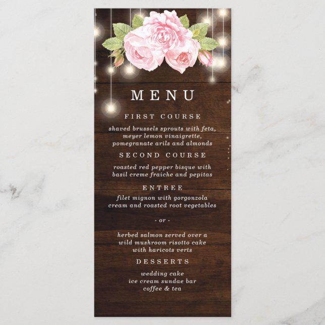 Menu Rosas Rustic Wood String Lights Casamento (Frente)
