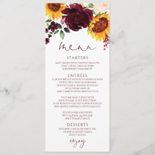 Menu Rosas Rústicos de Girassol Casamento Vermelho Bor