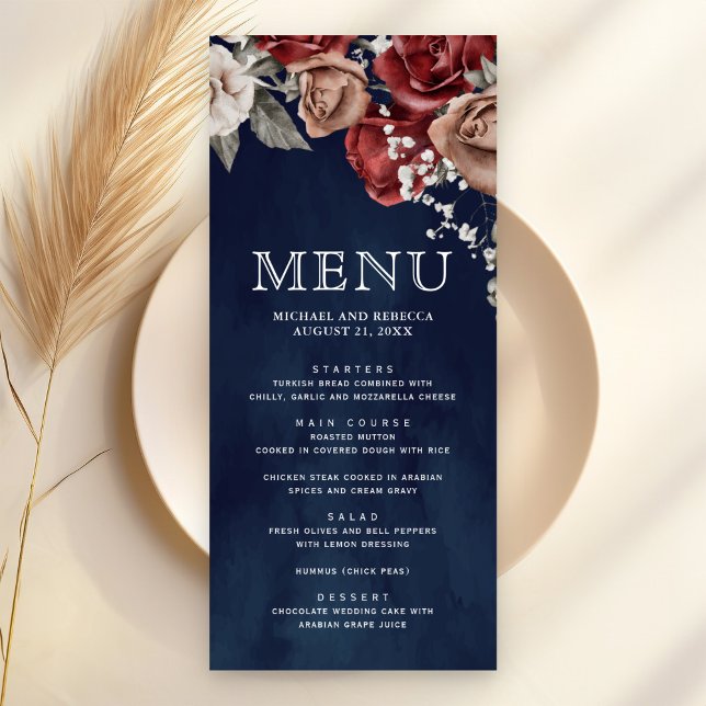 Menu Rosas Vermelhas Borgonha Floral Casamento Azul Nav (Criador carregado)