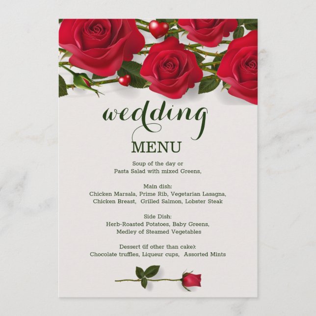 Menu Rosas vermelhas com coração Cartola de Casamento (Frente)