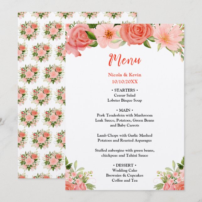 Menu Rosas Vermelhas Corais com Folhagem (Frente/Verso)