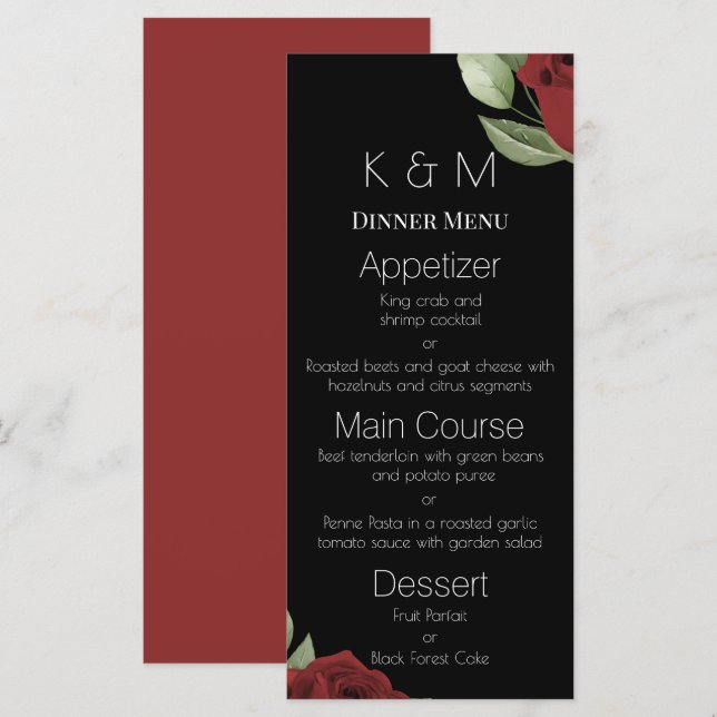 Menu Rosas Vermelhas Elegantes no Preto (Frente/Verso)