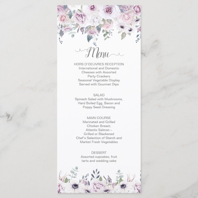 Menu Rosas Violeta e Rosa em Aquarela para Casamento co (Frente)