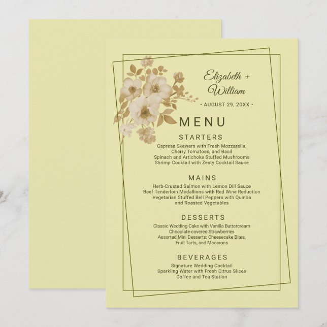 Menu Rose Frame – Casamento Amarelo Celestial (Frente/Verso)