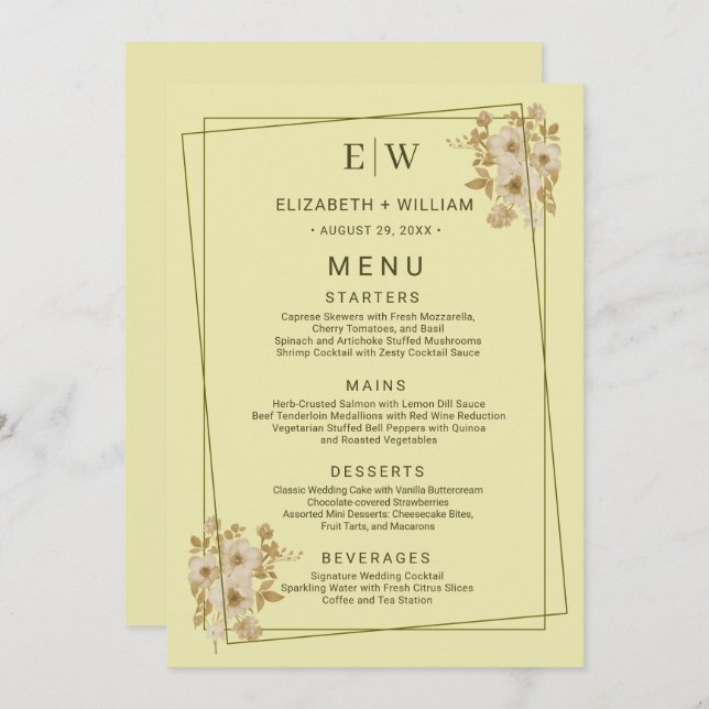 Menu Rose Frame – Monogram Celestial Yellow Wedding (Frente/Verso)